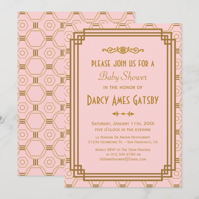 Baby shower Art déco rose Invitations (Devant / Derrière)