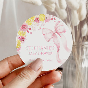 Baby-Shower-Aufkleber mit rosa Schleife und Zitron Runder Aufkleber