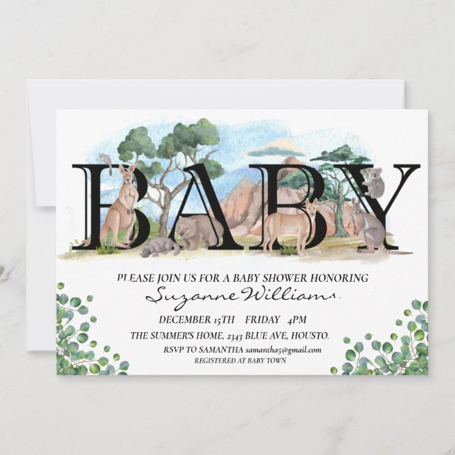 Baby Shower Australian Animals Watercolor Einladung (Vorderseite)