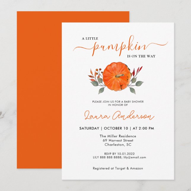 Baby shower Automne Une Petite Invitation Citrouil (Devant / Derrière)