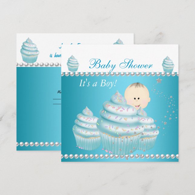 Baby Shower Baby Boy Blue Cupcake Sprinkle Einladung (Vorne/Hinten)