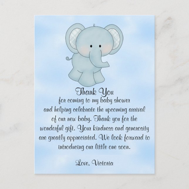 Baby Shower Baby Boy Blue Elephant Postkarte (Vorderseite)