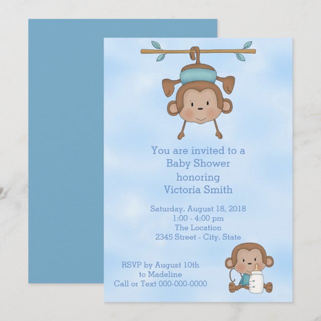Baby Shower Baby Boy Monkey Einladung (Vorne/Hinten)