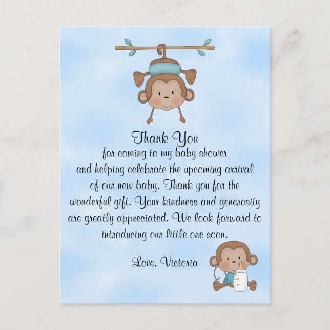 Baby Shower Baby Boy Monkey Postkarte (Vorderseite)