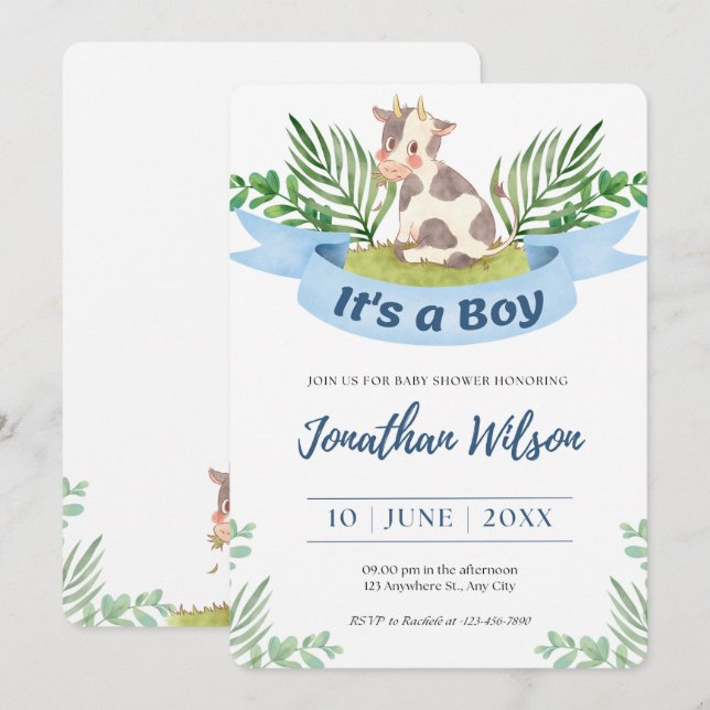 Baby Shower Baby Boy Niedlich Kuh Einladung (Vorne/Hinten)