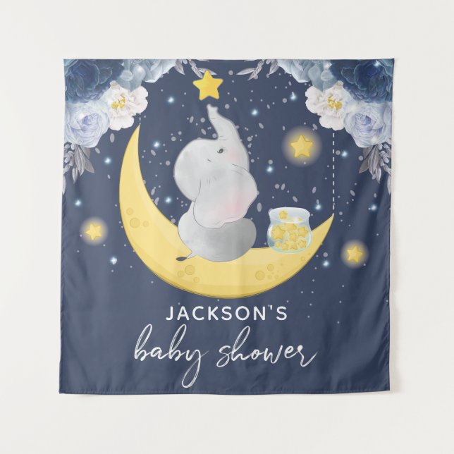 Baby Shower Baby Elephant auf dem Mond Wandteppich (Vorderseite)