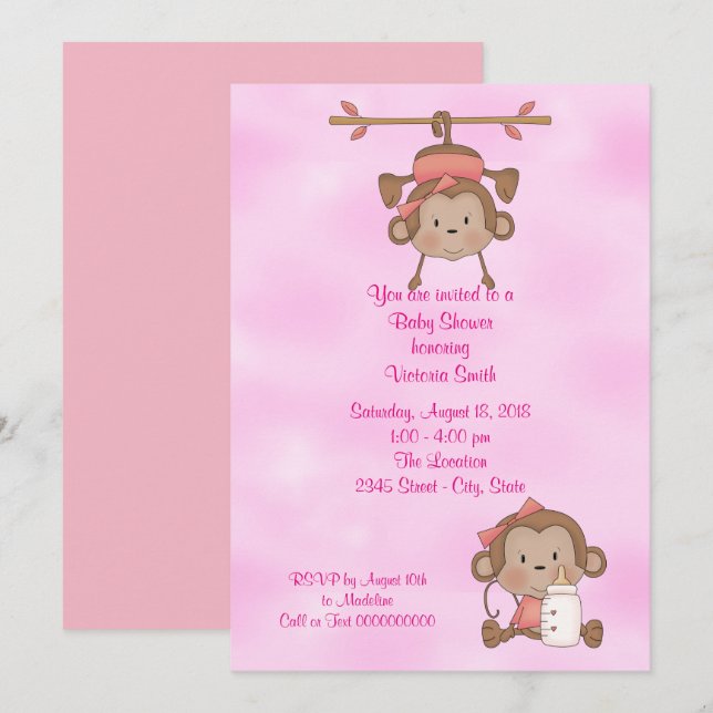 Baby Shower Baby Girl Monkey Einladung (Vorne/Hinten)