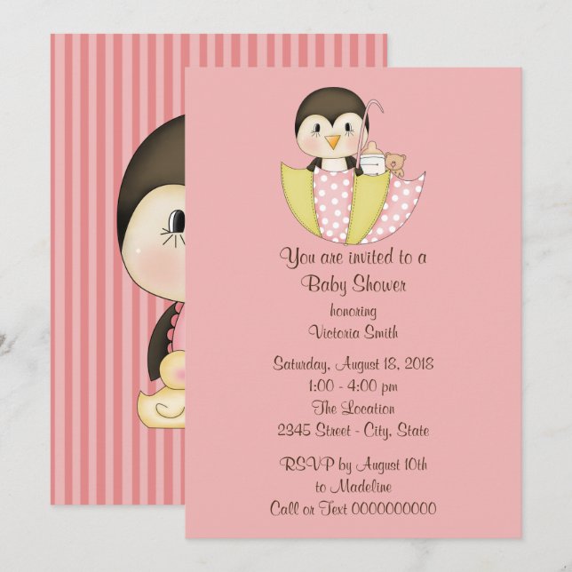 Baby Shower Baby Girl Penguin Einladung (Vorne/Hinten)