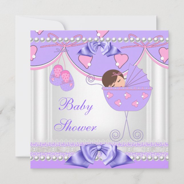 Baby Shower Baby Girl White Pink Lila Pearl Lace Einladung (Vorderseite)