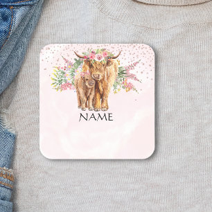 Baby Shower Baby Highland Kuh Namensschild Quadratischer Aufkleber