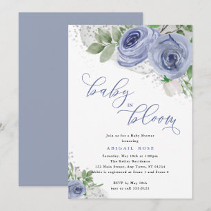 Baby Shower Baby in Bloom, Blue & Silver Blume Einladung