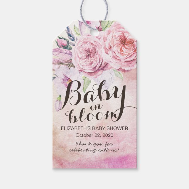 Baby Shower Baby in Bloom Bohemische Blume Feather Geschenkanhänger (Vorderseite)