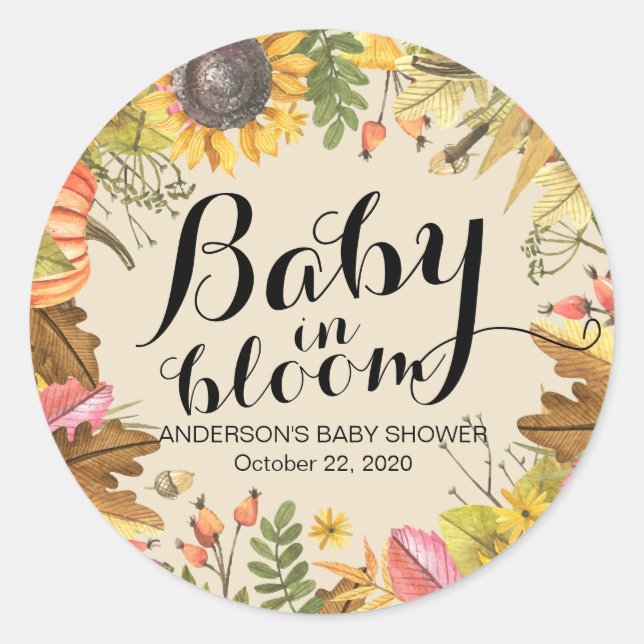 Baby Shower Baby in Bloom Maple Pumpkins Sonnenblu Runder Aufkleber (Vorderseite)