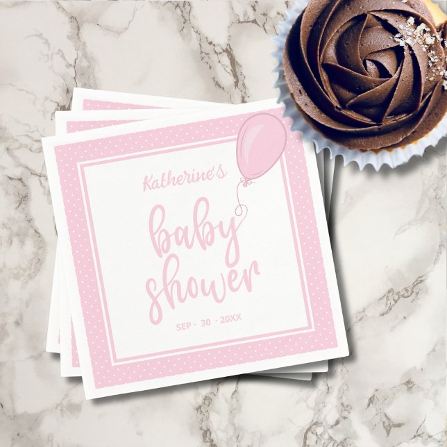 Baby Shower Baby Pastel Pink Polka Dot Serviette (Pink Polka Dot Baby Shower Cocktail Napkin with Mom's Name, Shower Date, Balloon.)