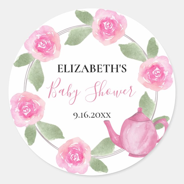 Baby Shower Baby wird Pink Teekanne Floral Runder Aufkleber (Vorderseite)