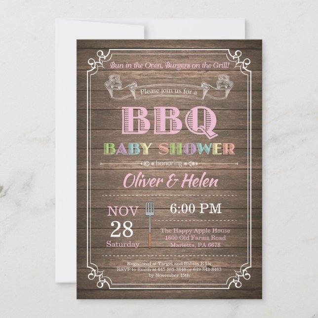 Baby shower barbecue Invitation Bois Rustique Rose (Devant)