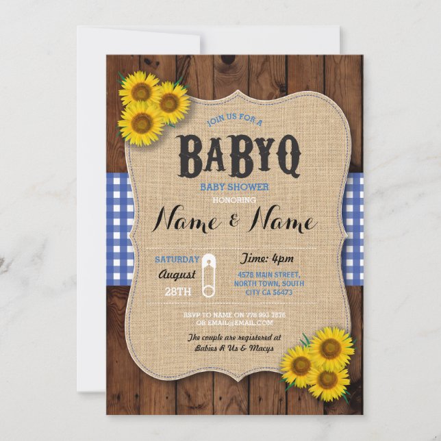 Baby shower BBQ BaByQ Invitation de tournesol bleu (Devant)