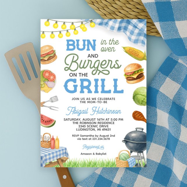 Baby shower BBQ Bleu Invitation - Bun dans le four (Blue BBQ Baby Shower Invitation - Bun in the Oven
)