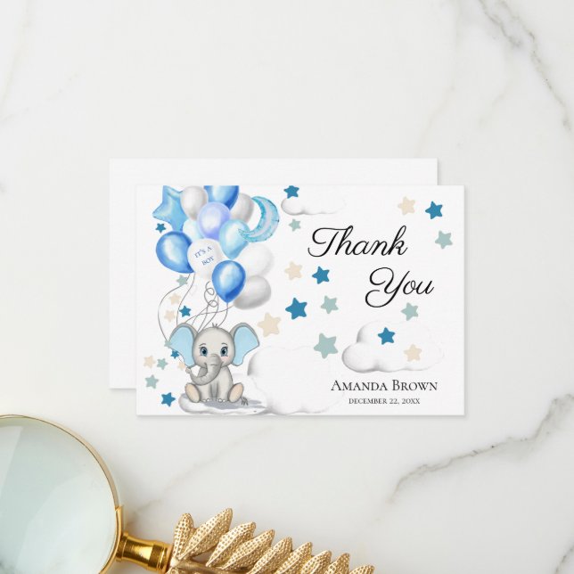 Baby shower bébé adorable éléphant garçon | MERCI (Devant/Arrière en situation)