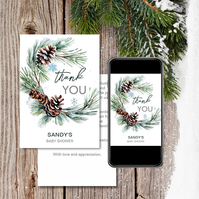 Baby shower bébé d'hiver carte de remerciements de (Winter baby baby shower pine wreath editable template thank you card digital download baby it's cold)