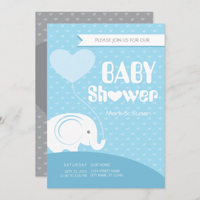 Baby shower bébé éléphant Invitation pour bébé gar (Devant / Derrière)
