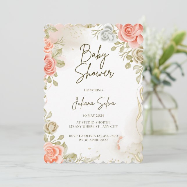 Baby shower beige Floral Invitation (Debout devant)