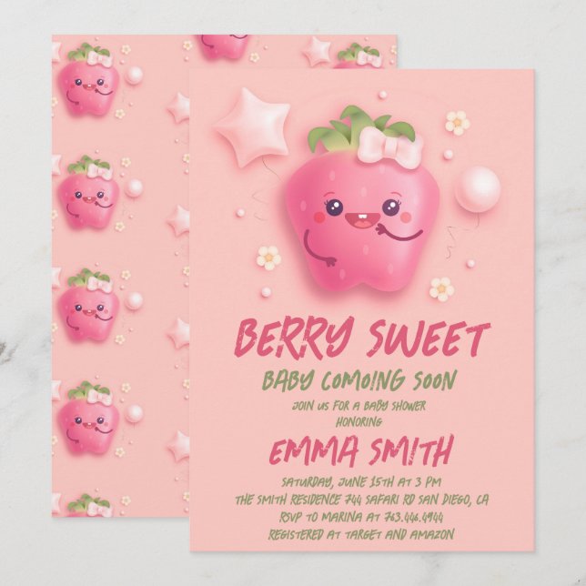 Baby shower Berry Sweet Strawberry Invitation (Devant / Derrière)