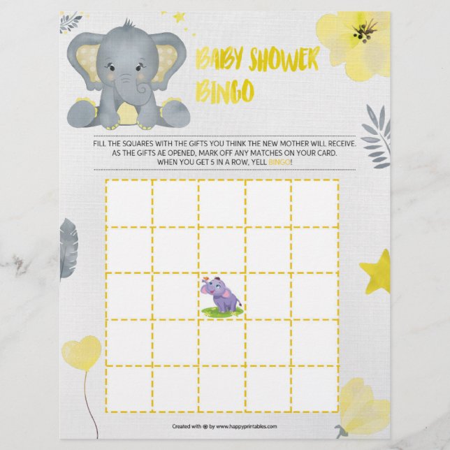 Baby Shower Bingo [Baby Elephant [Gelb] Briefbogen (Vorderseite)