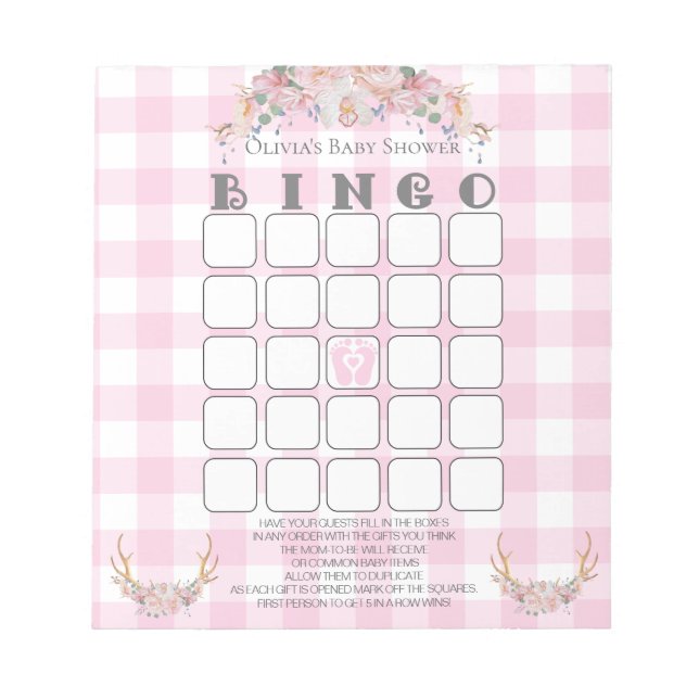 Baby Shower Bingo BOHO Baby Pink Gingham Notizblock (Vorderseite)