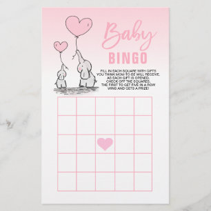 Baby Shower BINGO Karten für Mädchen mit rosa Elef
