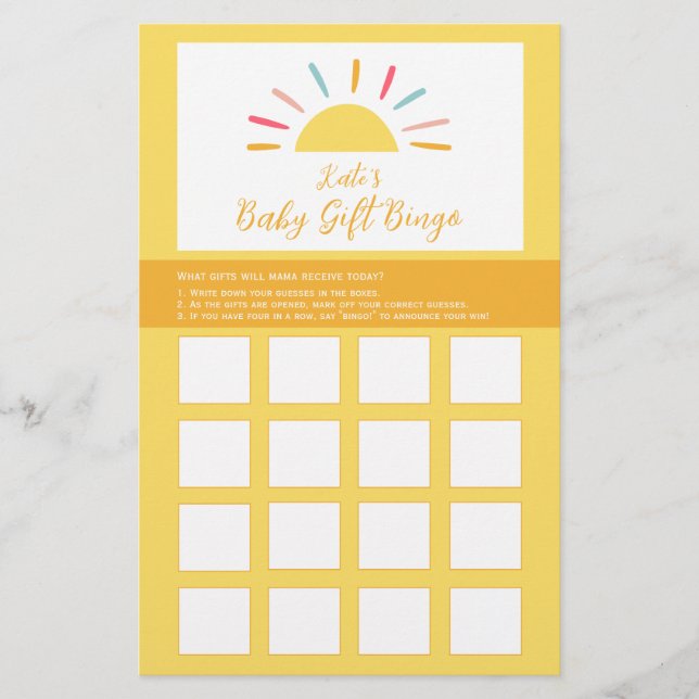 Baby Shower Bingo Spielblatt, Sunshine Miracle Flyer (Vorne)