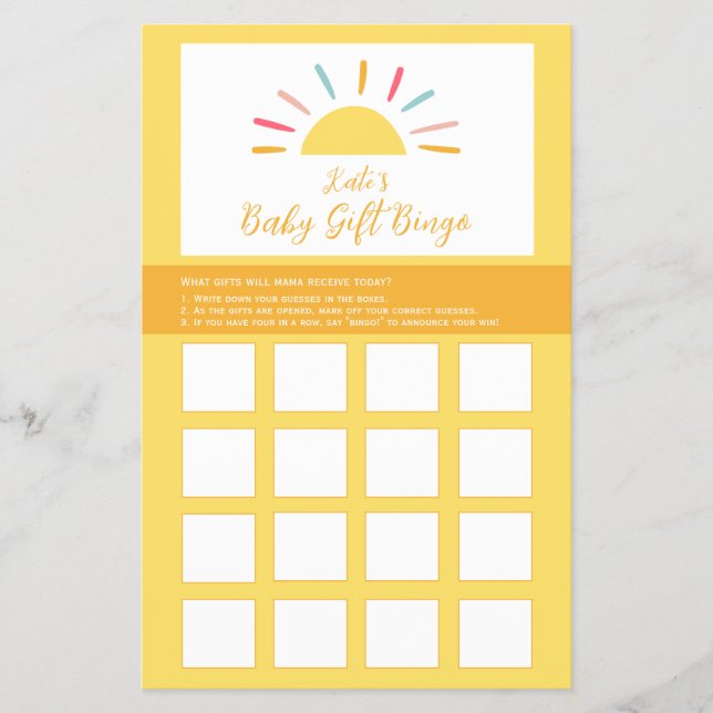 Baby Shower Bingo Spielblatt, Sunshine Miracle Flyer (Vorne)
