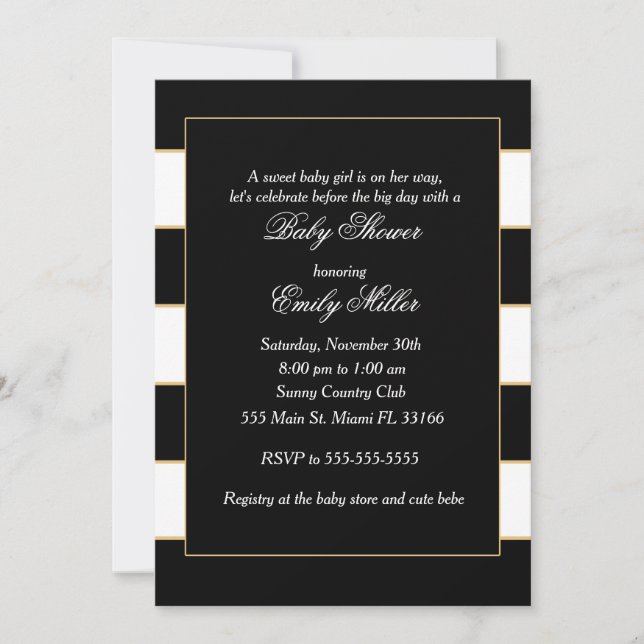 Baby shower Black White Gold Stripes Invitation (Devant)