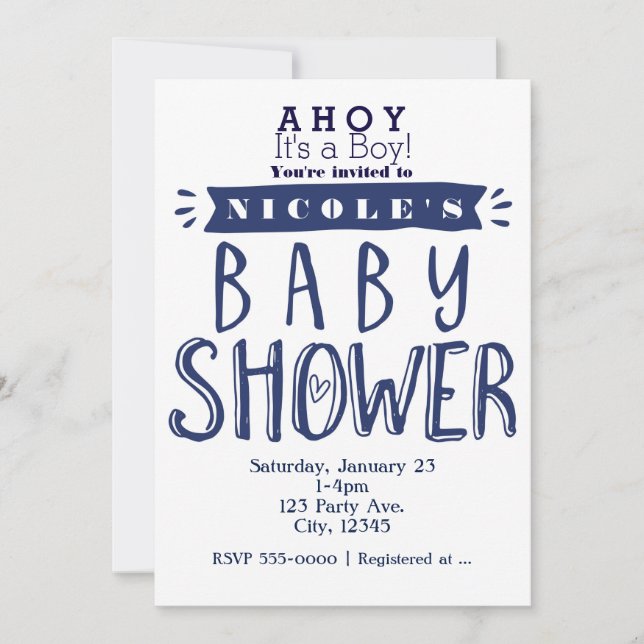 BABY SHOWER Blanc et bleu marine Invitations nauti (Devant)