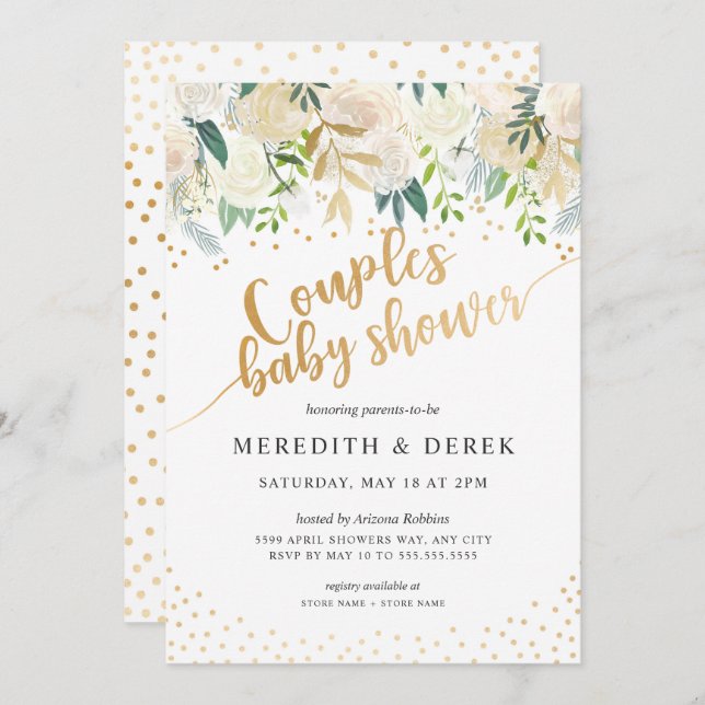 Baby shower blanc Floral Couples Invitation (Devant / Derrière)
