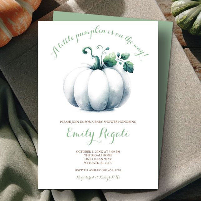 Baby shower blanc Invitation Citrouille Neutre gen (fall gender neutral baby shower invitations features watercolor white pumpkin and sage green.)
