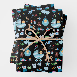 Baby-Shower Blau/Schwarzes Einwickelpapier Geschenkpapier Set