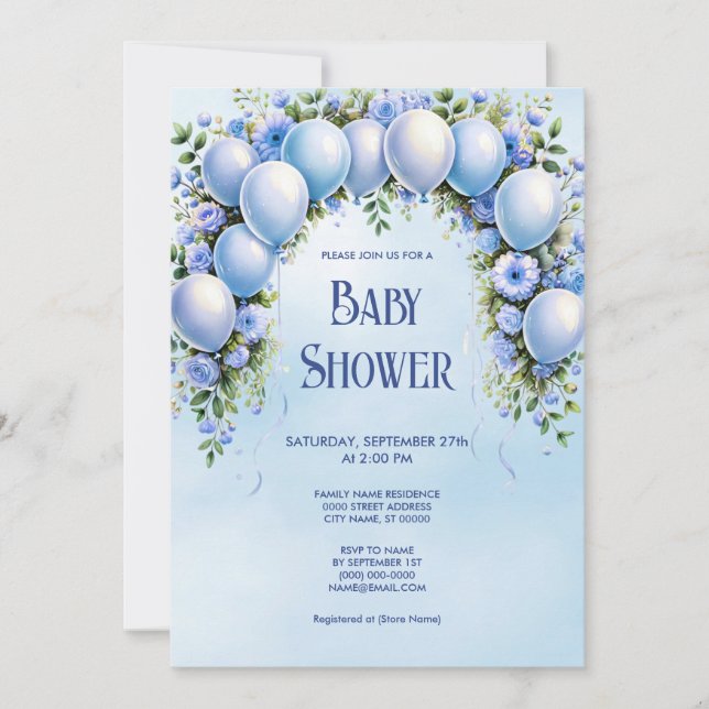 Baby shower Bleu Ballons Invitation (Devant)
