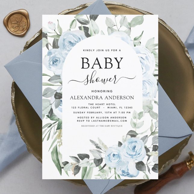 Baby shower Bleu Dusty Floral Green Invitation (Créateur téléchargé)
