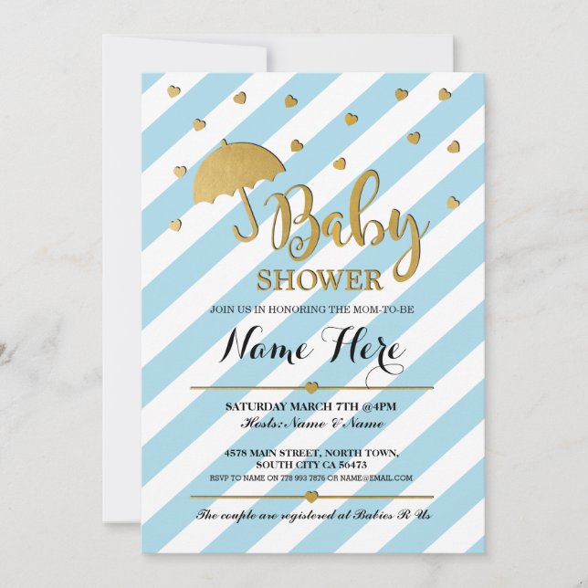 Baby shower Bleu et Gold fille jumeaux Invitation (Devant)