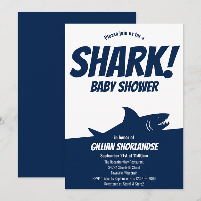 Baby shower bleu foncé requin Invitation (Devant / Derrière)
