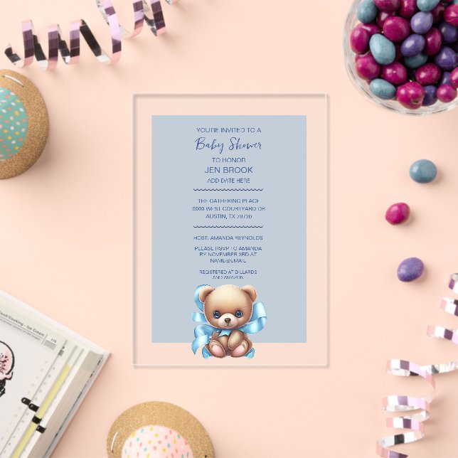 Baby shower bleu ours Teddy Acrylique Invitation (Insitu (Célébration))
