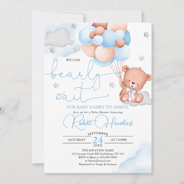 Baby shower Bleu Ours Teddy Invitation (Devant)