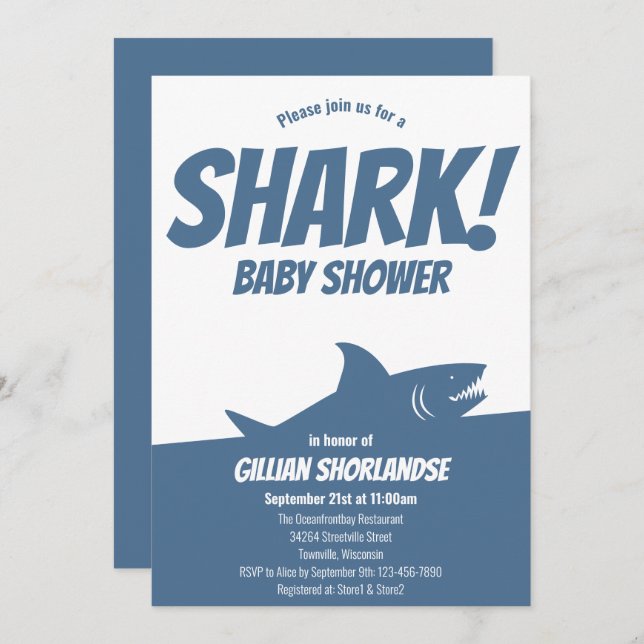 Baby shower bleu requin Invitation (Devant / Derrière)