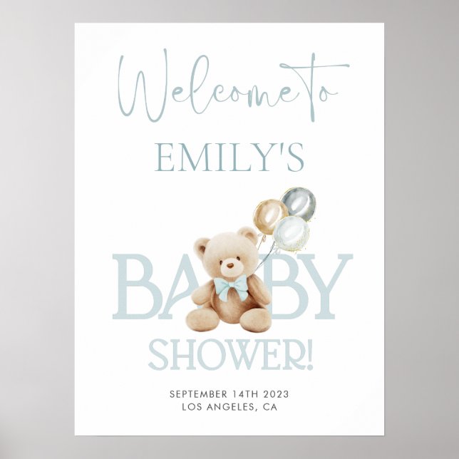 Baby shower bleu Teddy Bear Affiche de bienvenue (Devant)