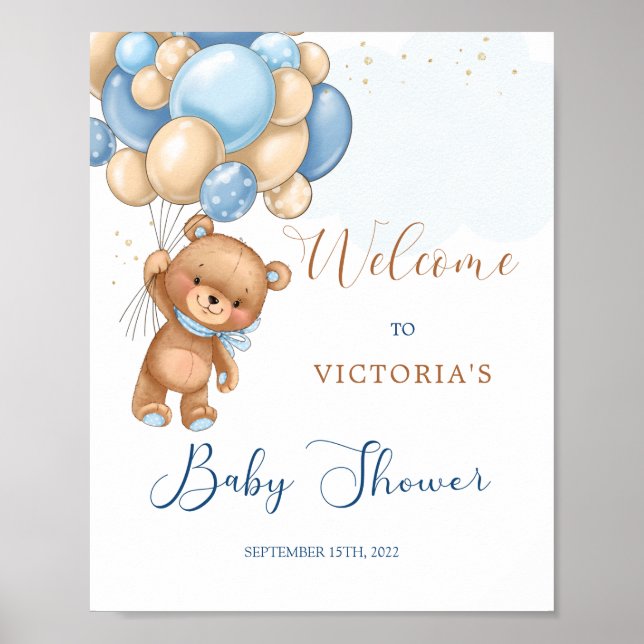 Baby shower bleu Teddy Bear Affiche de bienvenue (Devant)