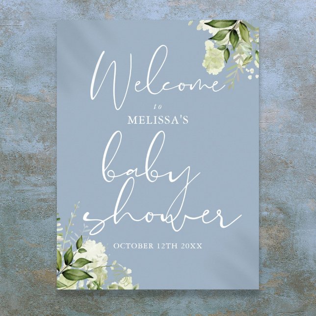 Baby shower bleu vert Dusty Affiche de bienvenue (Greenery Dusty Blue Baby Shower Welcome Sign)