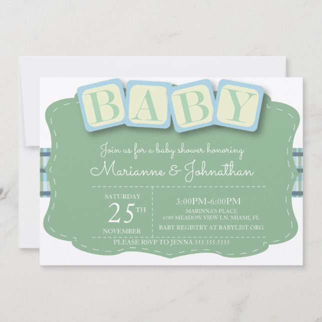 Baby shower Blocks Boy Plaid Invitation (Devant)