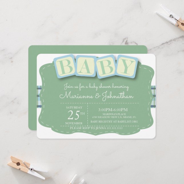 Baby shower Blocks Boy Plaid Invitation (Devant/Arrière en situation)
