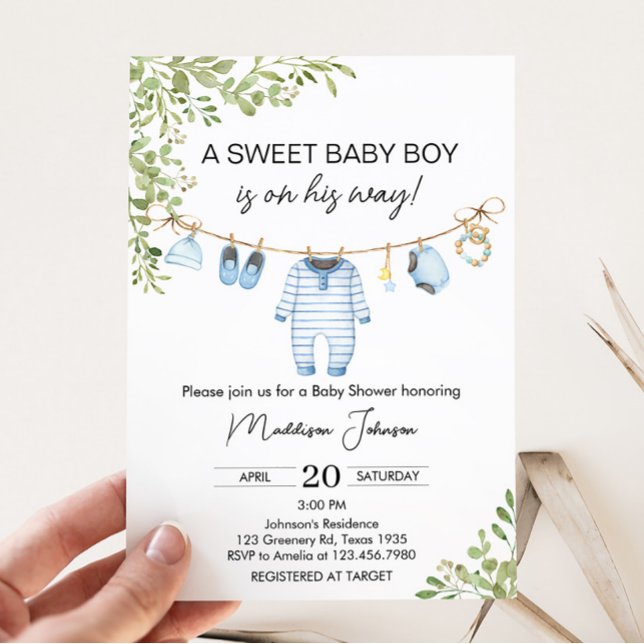 Baby shower Blue Baby Clothes Invitation (Boho Baby Clothes Baby Shower Invitation)